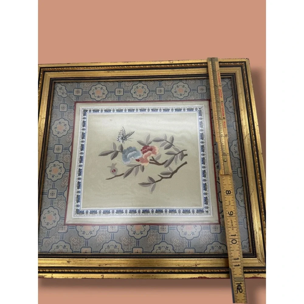 Vintage Asian Silk Embroidery Framed Floral Butterfly Art Chinoiserie Decor